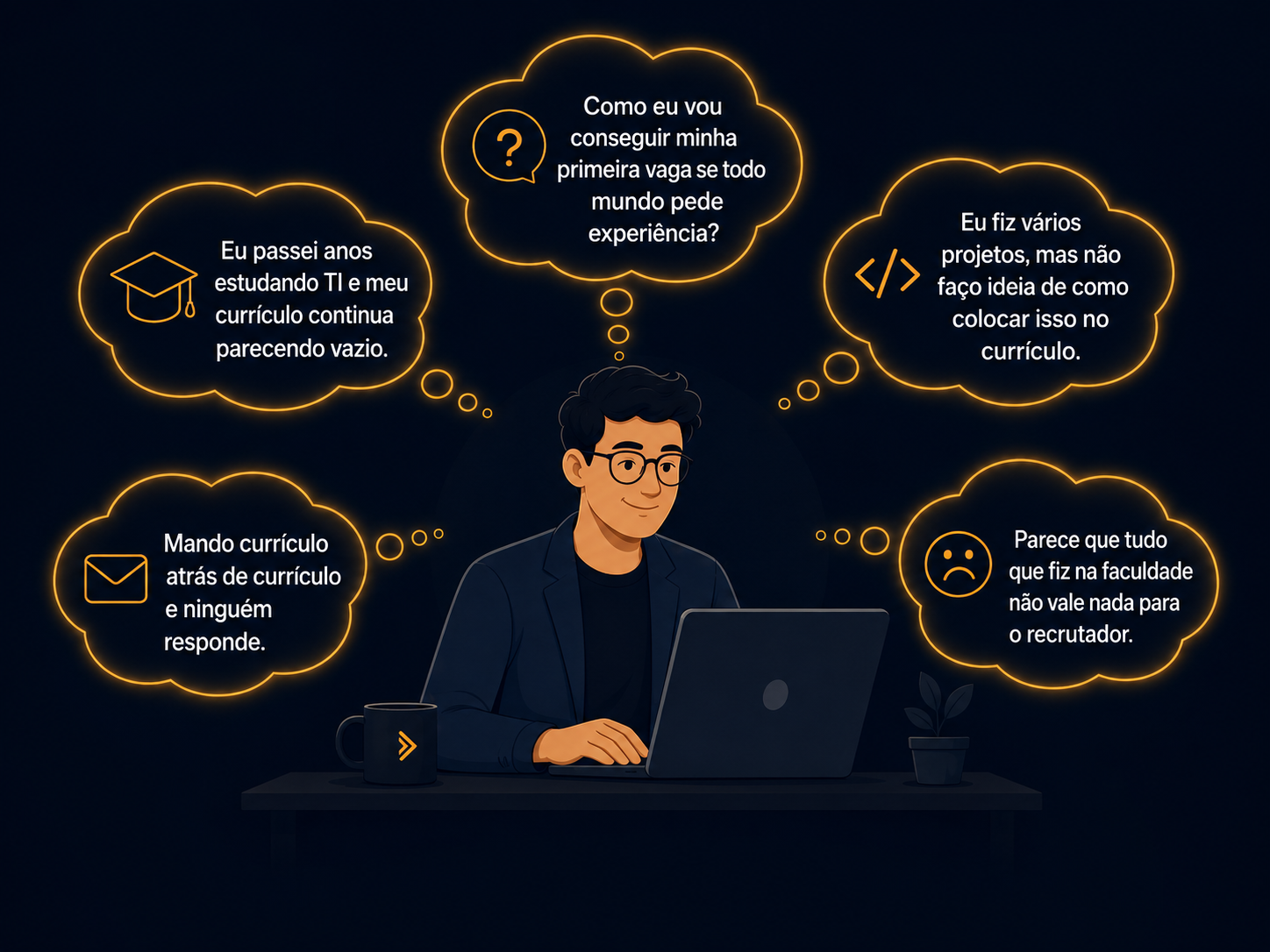 Profissional de TI diante do laptop cercado por balões de pensamento sobre falta de experiência no currículo