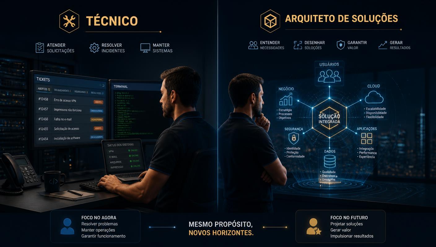 Comparação entre a atuação técnica focada em implementação e a atuação de arquiteto de soluções, focada em desenho e decisão