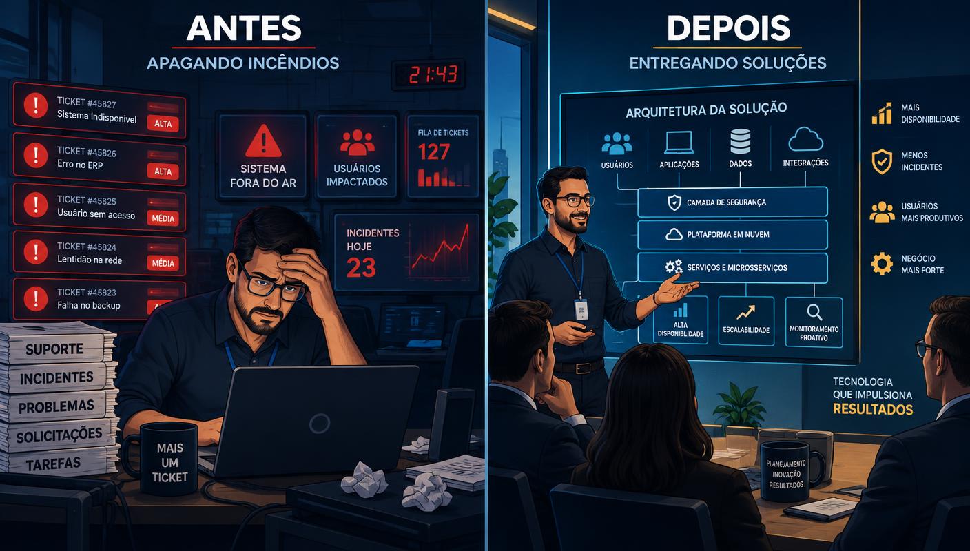 À esquerda, profissional de TI cercado por alertas e chamados; à direita, o mesmo profissional apresentando uma arquitetura de solução para a liderança